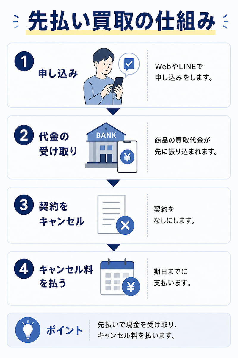 先払い買取の流れは、申し込み、代金の受け取り、契約をキャンセル、キャンセル料を支払う。